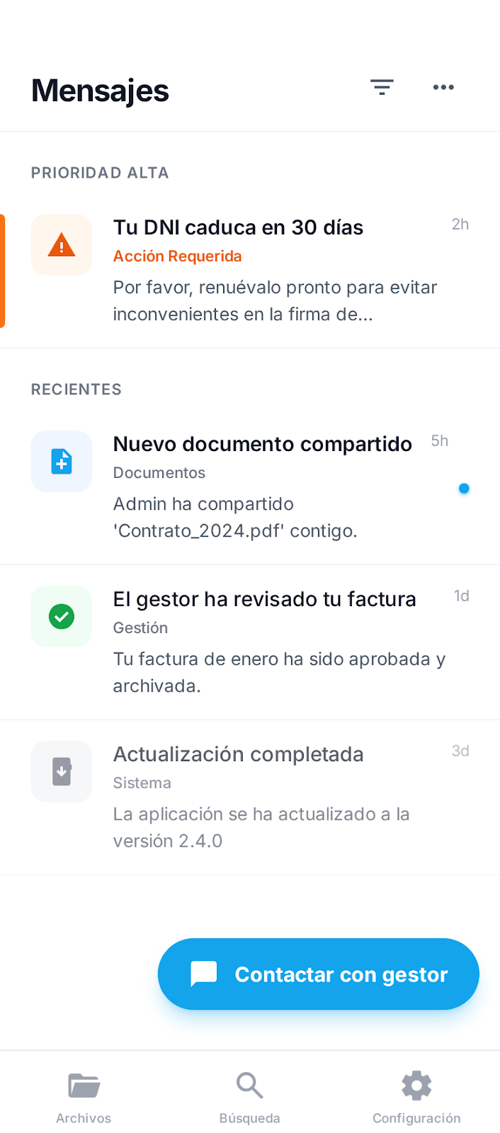 Pantalla de mensajes - Modo claro